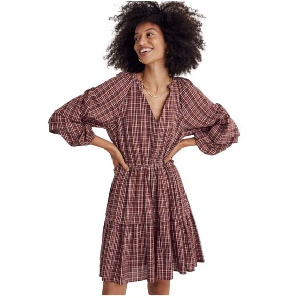 Madewell Seersucker Wrap Mini Dress Dark Merlot Plaid X-LARGE NH100 XL - Picture 1 of 5